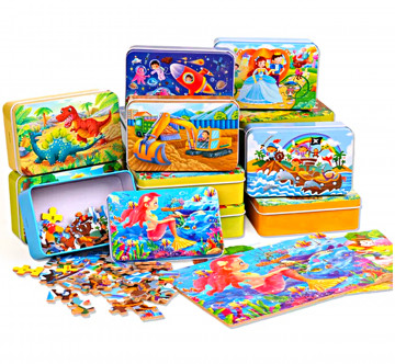 FÁBÓL KÉSZÜLT PUZZLE 60 DARAB FÉM DOBOZBAN MARKOLÓ