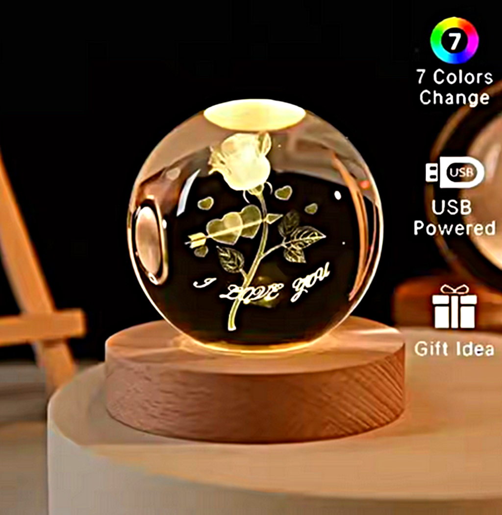 3D KRISTÁLYGÖMB 7 SZÍNVÁLTÓS LED USB ÉJJELI LÁMPA RÓZSAVIRÁG