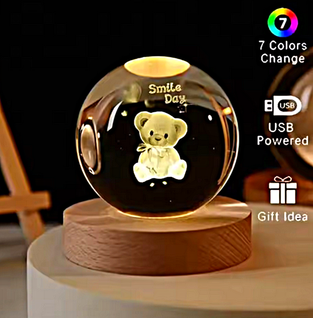 3D KRISTÁLYGÖMB 7 SZÍNVÁLTÓS LED USB ÉJJELI LÁMPA MACI