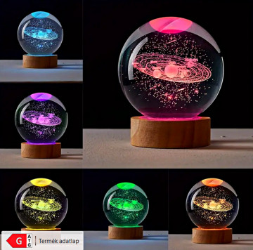 3D KRISTÁLYGÖMB 7 SZÍNVÁLTÓS LED USB ÉJJELI LÁMPA NAPRENDSZER